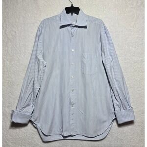 Kiton Men's Blue Tan Striped Dress Shirt 16.5 42 Long Sleeve Button Down Italy